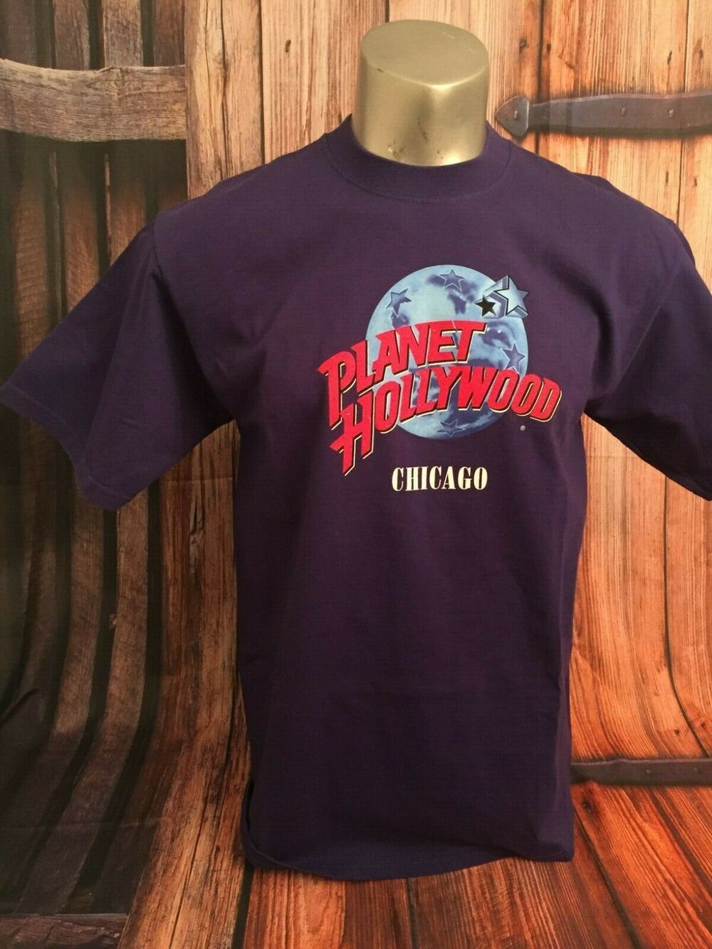 Planet Hollywood Chicago Travel Souvenir T-Shirt Large Blue Stars Earth World L